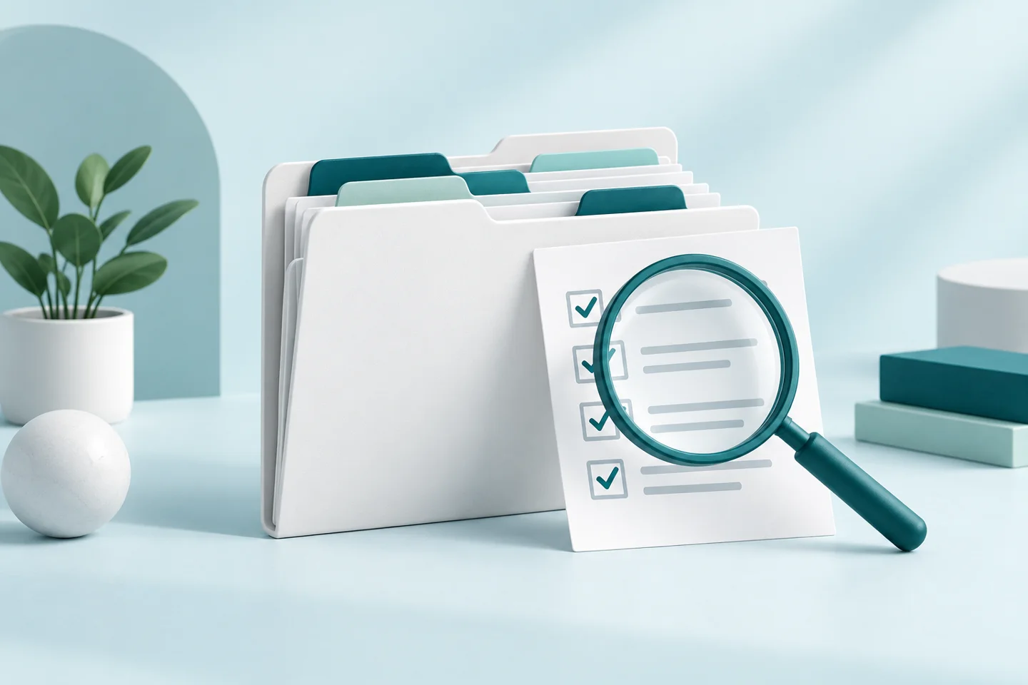 Organised documents and a magnifying glass, representing clear research